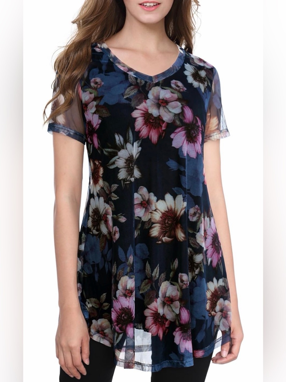 Floral Navy V-Neck Short Sleeve Tunic
